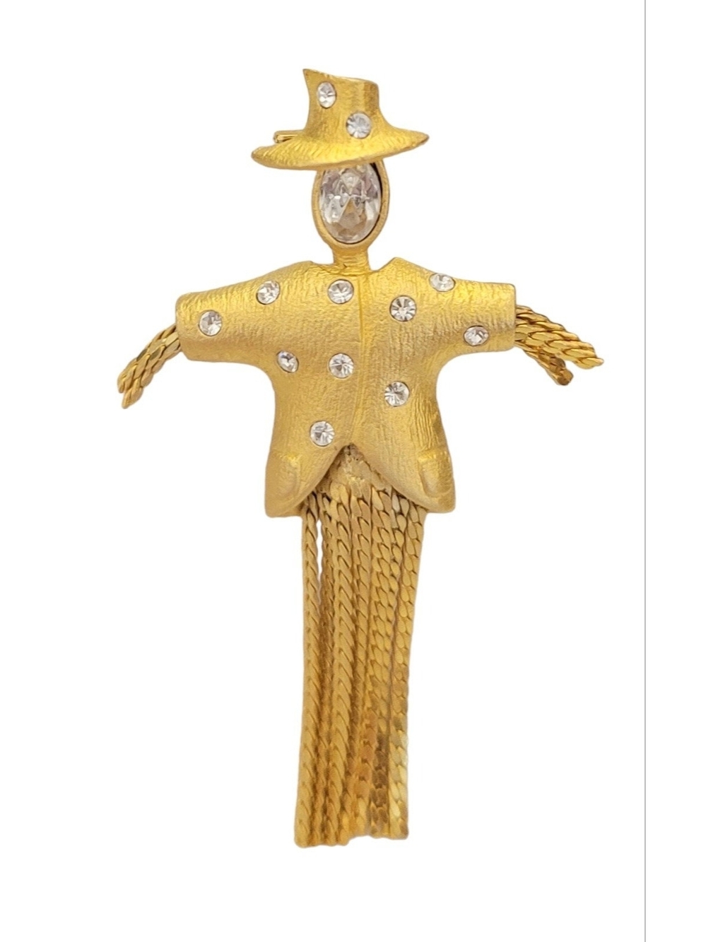 Gold-tone Scarecrow Tassel Brooch with Rhinestones